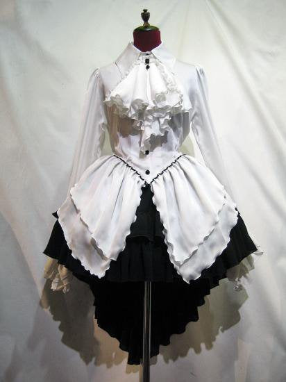 ゴシック調ドレープフリルタイ付きワンピース型ブラウス＋前短・後長V