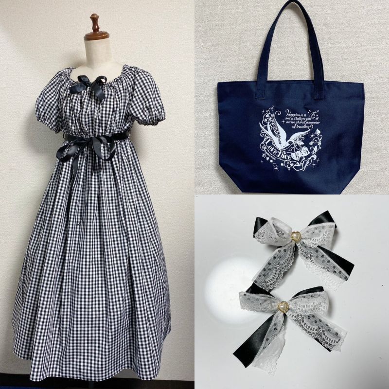 ヴィクトリアンクレージーキルト※レースとリボン他、手芸素材セット Special Set【Gingham Black OP + Ribbon Accessory + Bag with