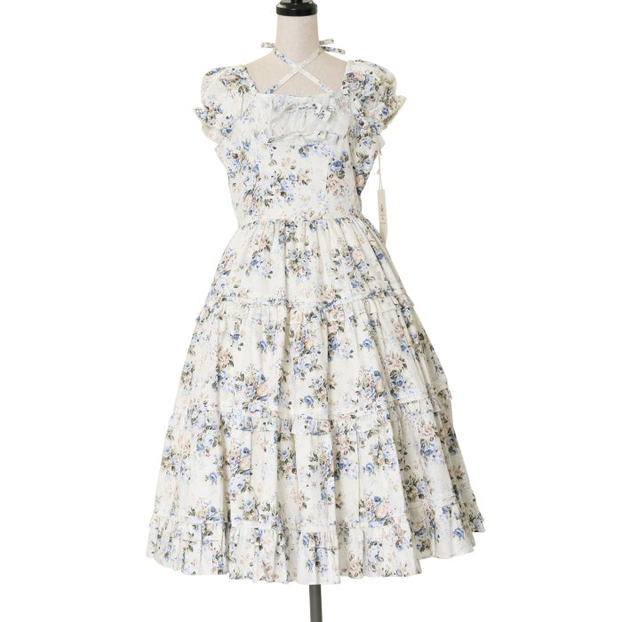 USED】ロココブーケ柄ティアードロングドレス（ロココブルー
