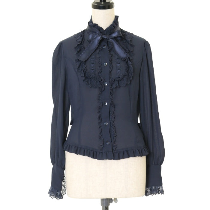 USED】【Sサイズ】フリルリボンスタンドカラーブラウス | Innocent
