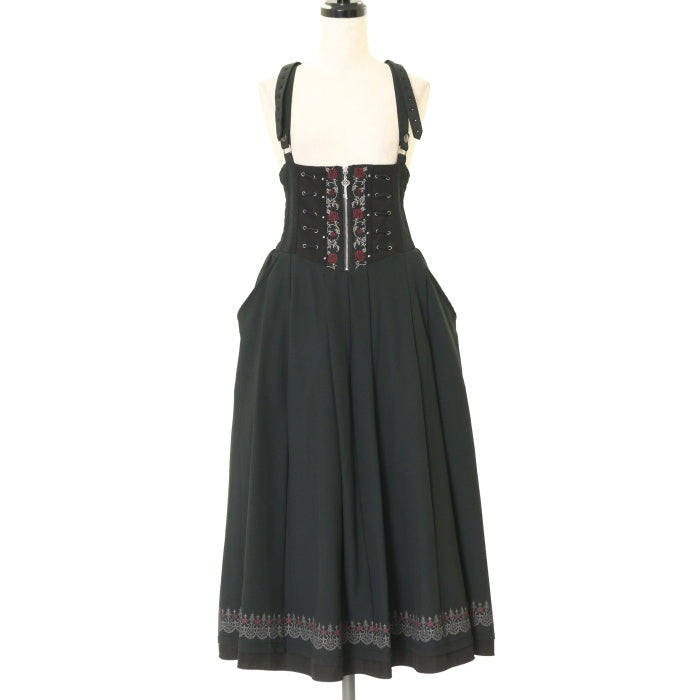 【ozzon】ポケット付き 薔薇の刺繍 コルセットベルト　黒 ozzon】ポケット付き 薔薇の刺繍 コルセットベルト黒