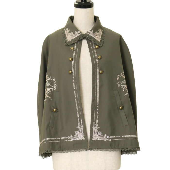 [新品] シルク製マントン　ベージュxオリーブ刺繍・ フリンジオリーブ ウールシルクストールヘリンボーン織120＞オランジュリーガーデン