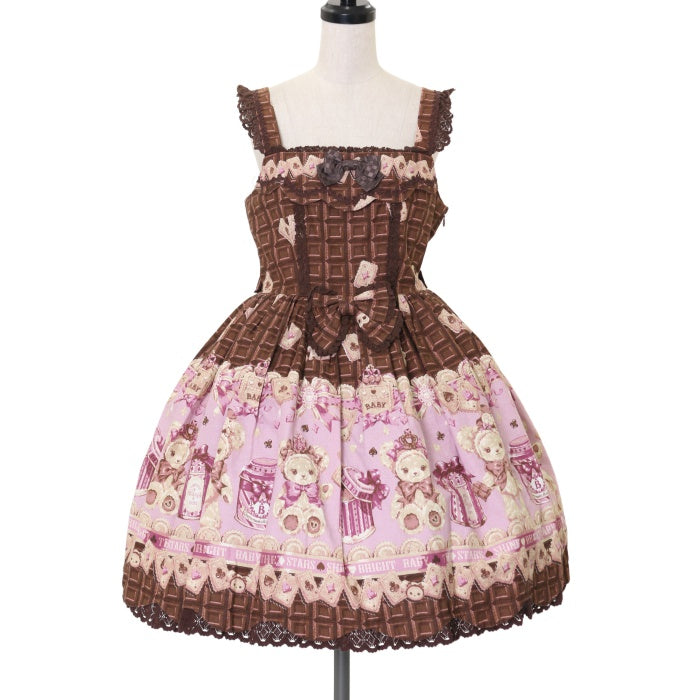 くまくみゃちゃんのスウィートチョコレート柄 スカラップジャンパースカートセット くまくみゃちゃんのスウィートチョコレート柄スカラップJSK くまくみゃ
