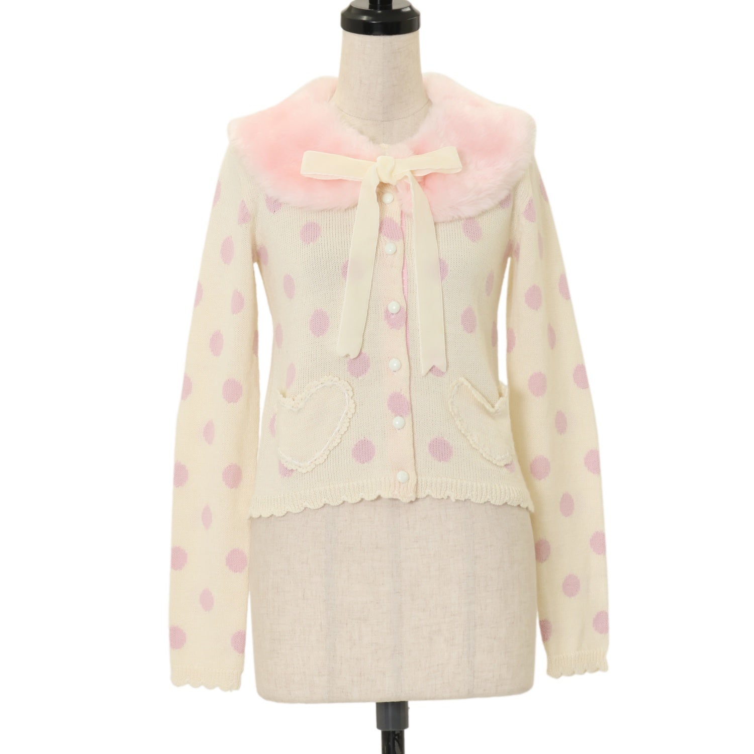 angelic pretty ファー付きカーディガン　ロリィタ USED】ハートポッケドットファー襟付ニットカーディガン | Angelic