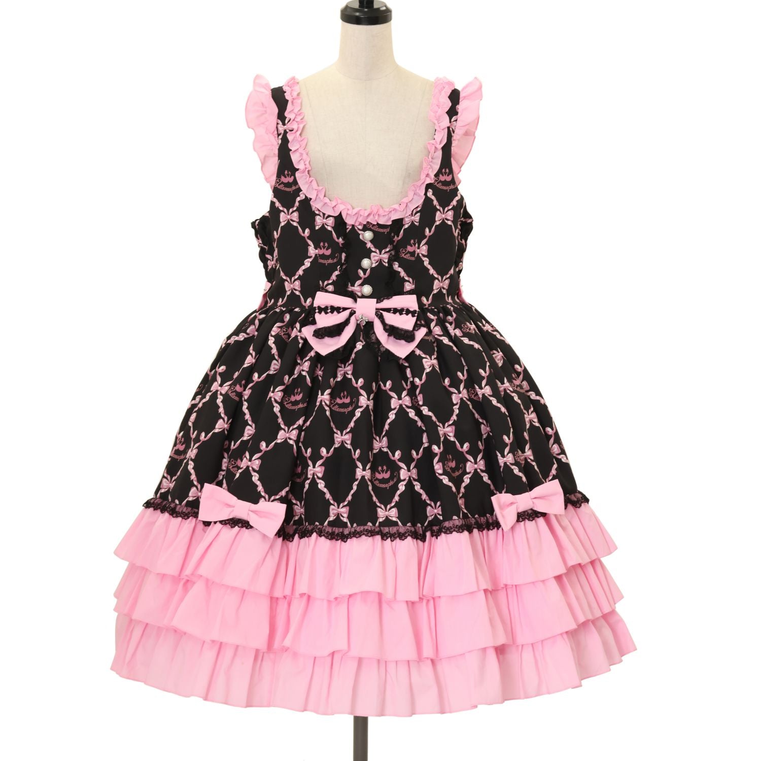 メタモルフォーゼ　リボンシャンデリアjsk 黒×ピンク USED】【プラスサイズ】Dressy Ribbon フリルジャンパースカート