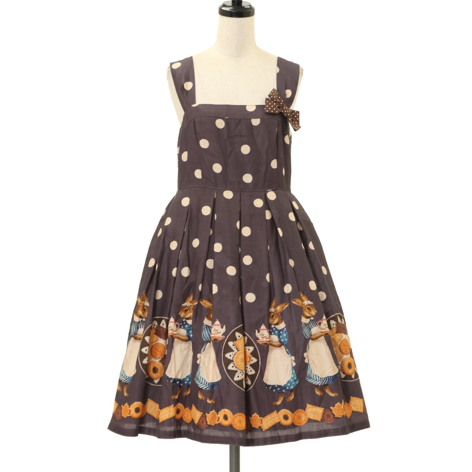 USED】『Rabbit tea time』プリント水玉ブローチ付キャミワンピース