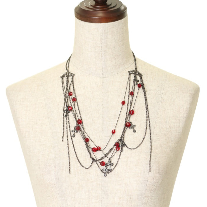 USED】クロスビーズ多重チェーンネックレス（ブラック×レッドビーズ