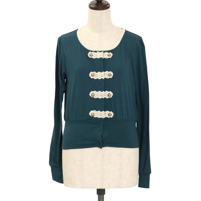 Emily Temple Cute ナポレオンカーディガン グリーン ロゴ刺繍ニット