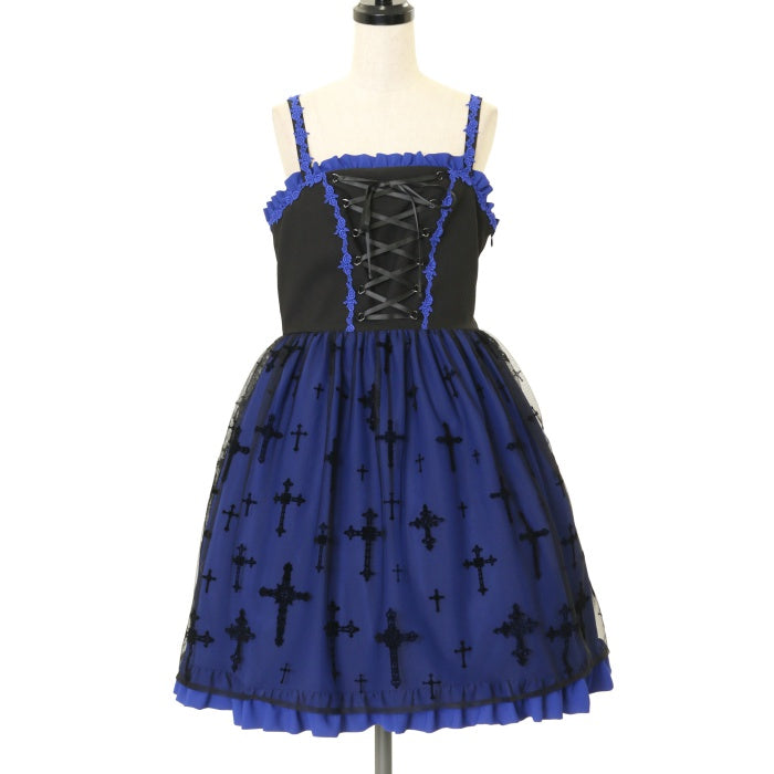 USED】十字架フロッキー編み上げジャンパースカート(黒×青) | Moi-même