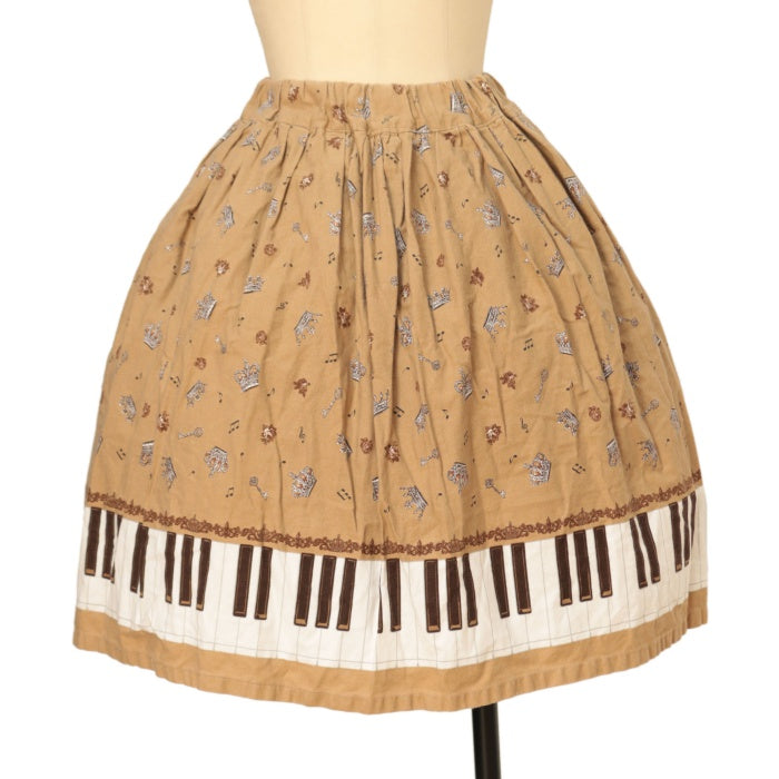 USED】ハンドメイドギャザースカート【鍵盤裾柄×王冠柄・カフェオレ