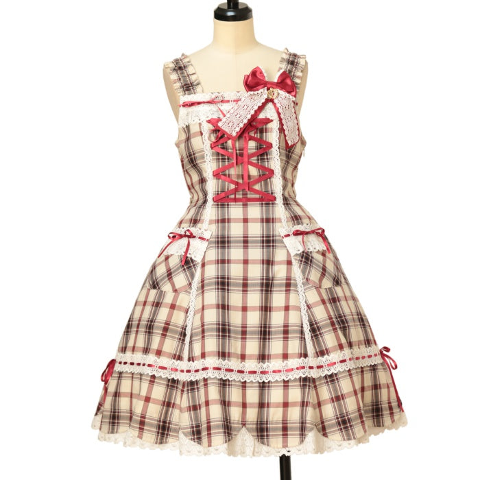 美品 赤色チェック ジャンパースカート♡カチューシャセット USED】裾スカラップタータンチェックジャンパースカートセット | BABY