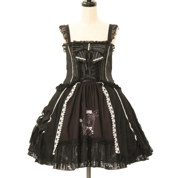 USED】FRILL 鳥かご刺繍のリボンワンピース（ブラック×グレー