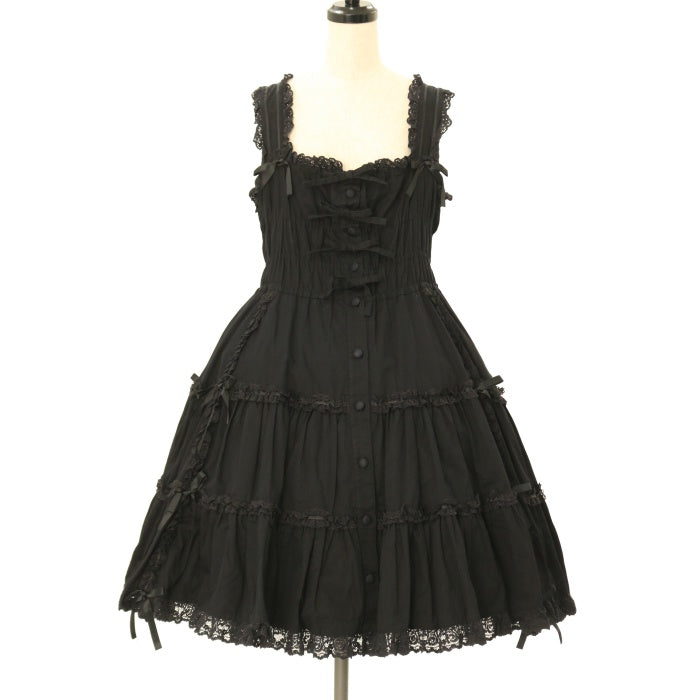 懐古　メタモルフォーゼ　シャーリング　リボン　ジャンパースカート　黒　ブラック USED】シャーリングティアードリボンジャンパースカート