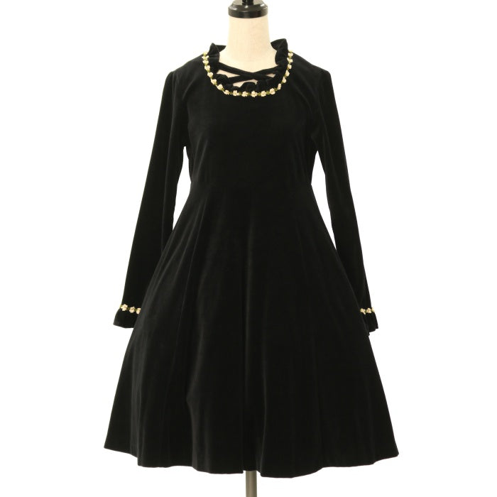 USED】お花飾りレースクロスベロアワンピース | Emily Temple cute