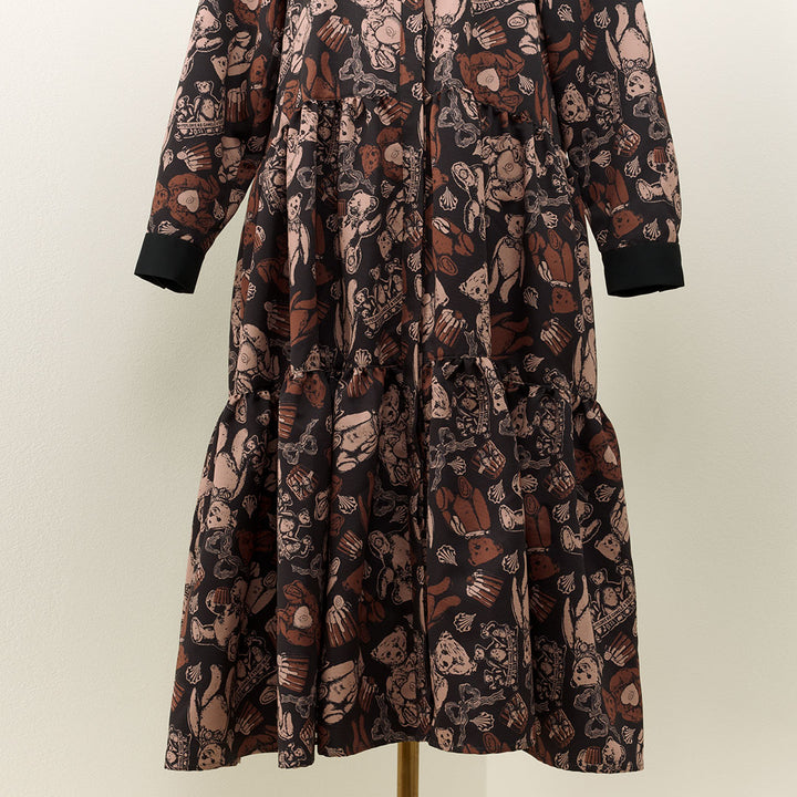 Q-pot スウィートベアカヌレ　パフ　ワンピース Q-pot. Dress、“テディベア＆カヌレ”の総柄パフスリーブドレスや