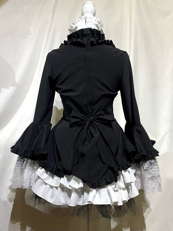 [MARBLE] ボリュームタイ付きロングマント：紺×黒 ゴスロリ ボリュームタイ付きロングマント：黒白ストライプ×黒タイ