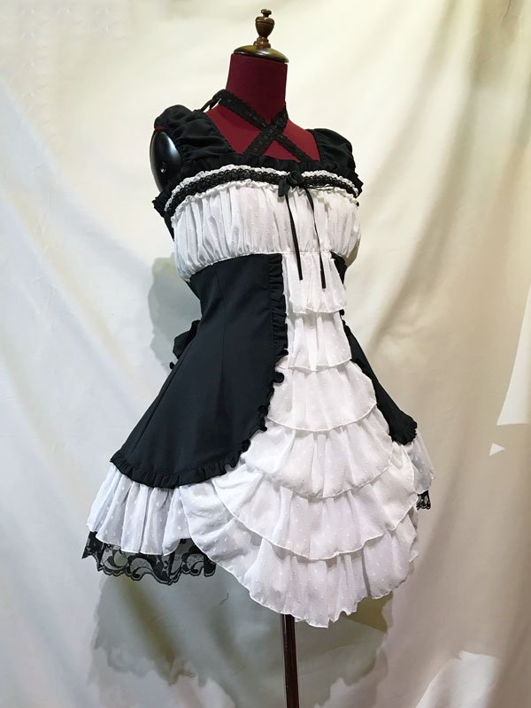 MARBLE フリルスカラップワンピース＋インナーパニエ ゴスロリ あみあげレースチョーカー付き総フリルスカラップワンピース+レース