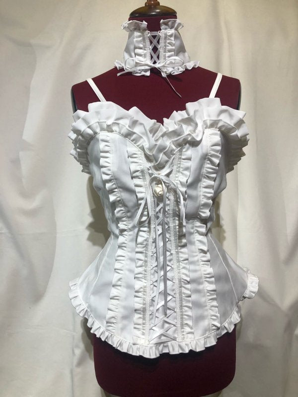 Ruffle Lace Up Bustier with Lace Up Choker and Rose Accessories