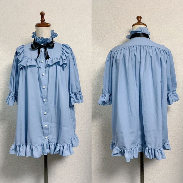 Short Sleeve Millefeuille Frill Blouse【Light Blue