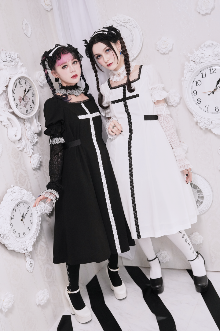 Rose Cross Lace Puff Sleeve OP (Medium Length) | Moi-même-Moitié