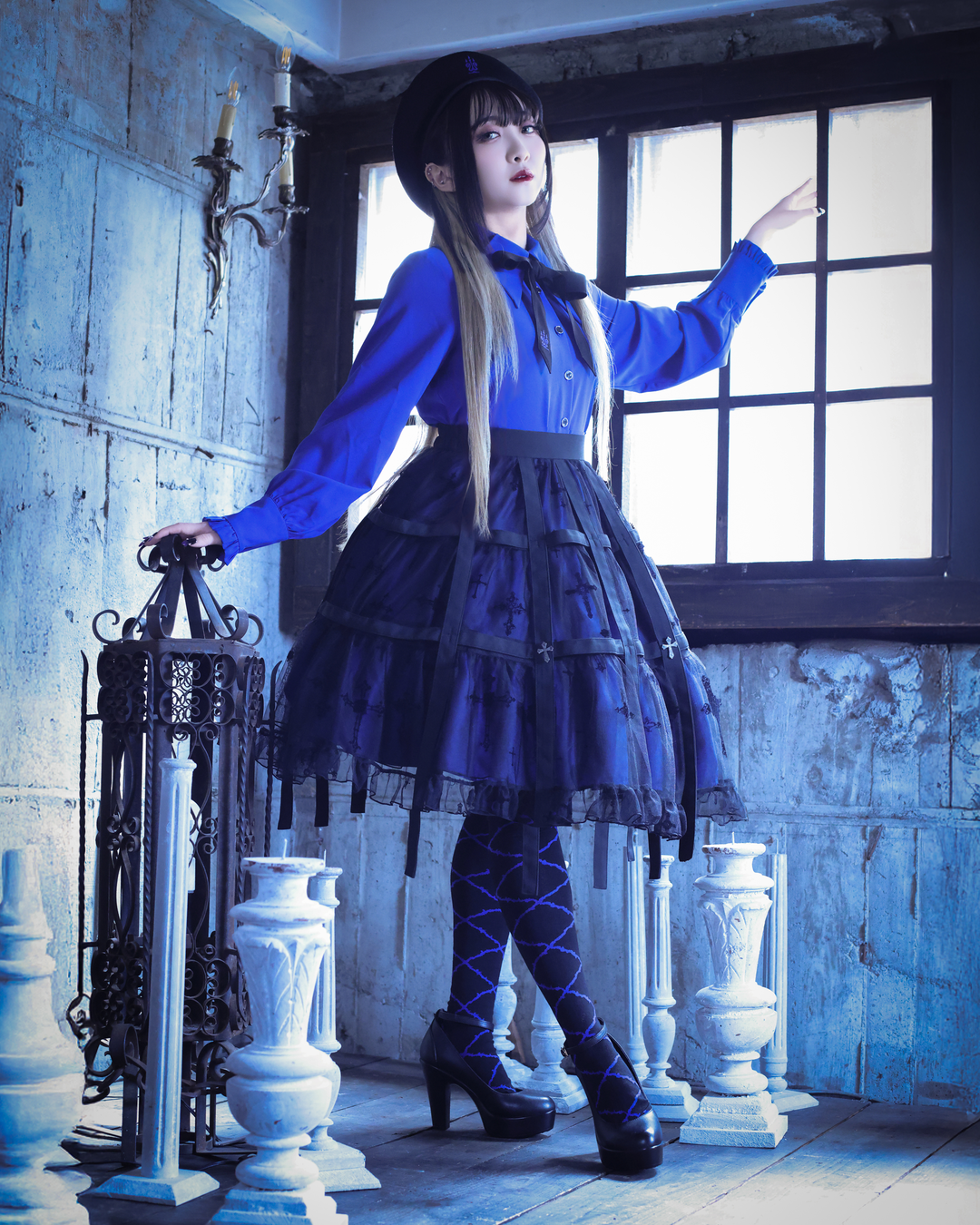 フォールクロス・ガーゼロングトップス 青 Moi-même-Moitié Bat Collar Blouse (Size 9) | Moi-même-Moitié | Wunderwelt Fleur