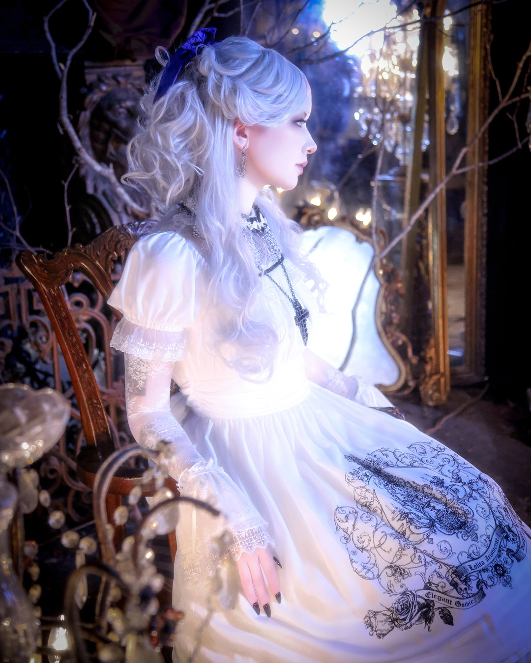ゆ*良様 Moi-meme-Moitie シャンデリアプリントワンピース 白青 Chandelier Print OP | Moi-même-Moitié | Wunderwelt Fleur - Online