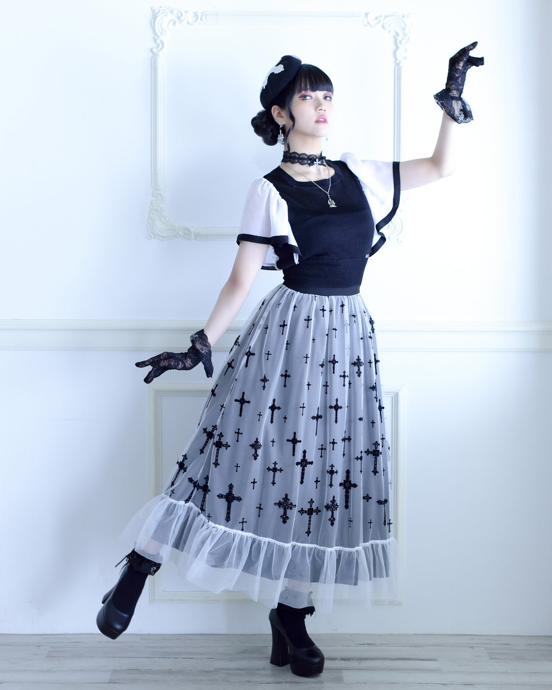 Moi-même-moitié 十字架フロッキー鳥籠スカート Moi-même-Moitié | 🌹 NOW ON SALE 🌹 十字架フロッキー鳥籠