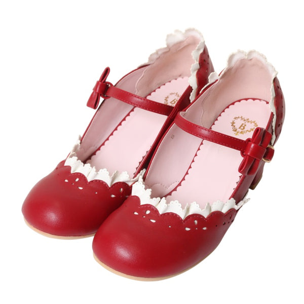 マリィ・ワンストラップシューズ レッド USED】【Sサイズ】マリィ・ワンストラップシューズ（red × white lace