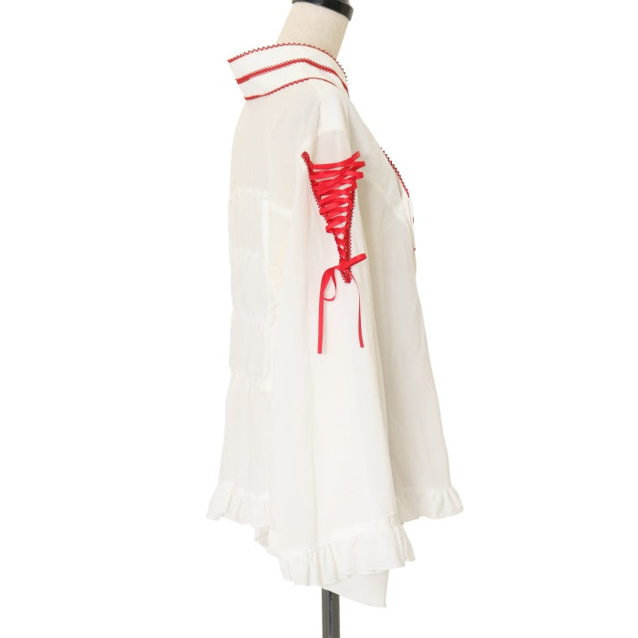 USED】【プラスサイズ】着物合わせ風ブラウス（オフホワイト×レッド