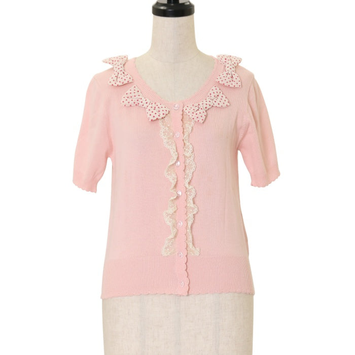 USED】水玉リボン付き半袖ニットカーディガン | Emily Temple cute