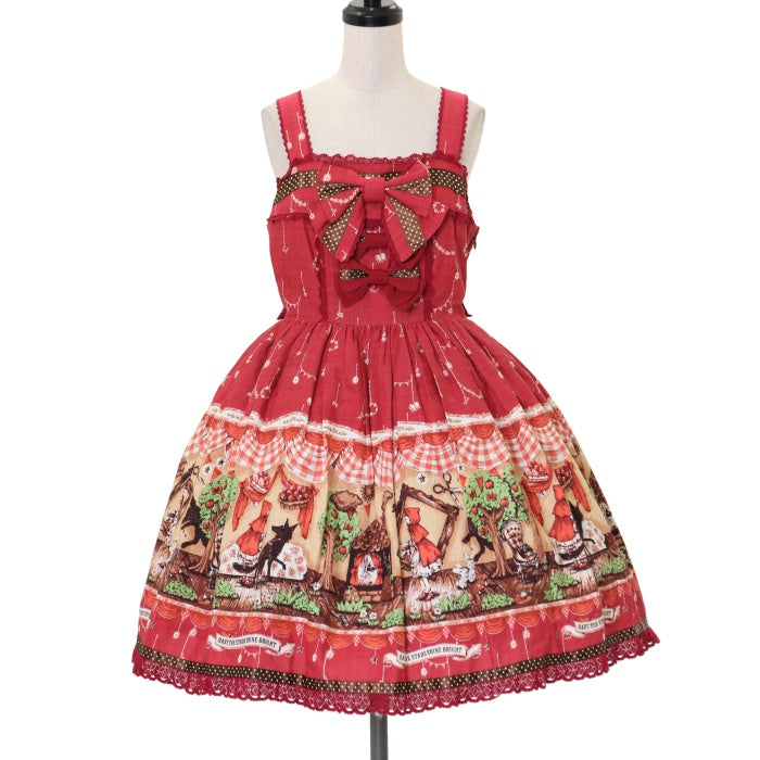 My little red riding hoodドットリボンジャンパースカート USED】My little red riding hood柄ドットリボンジャンパースカート
