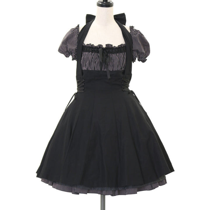 USED】【Mサイズ】ストライプレースアップホルターワンピース | BLACK 