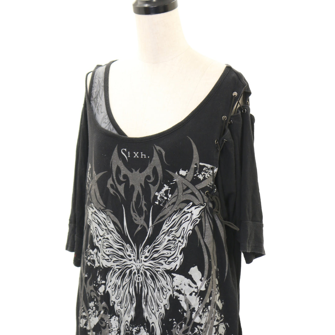 USED】Sixh. バタフライラメプリントレイヤードカットソー | h.NAOTO