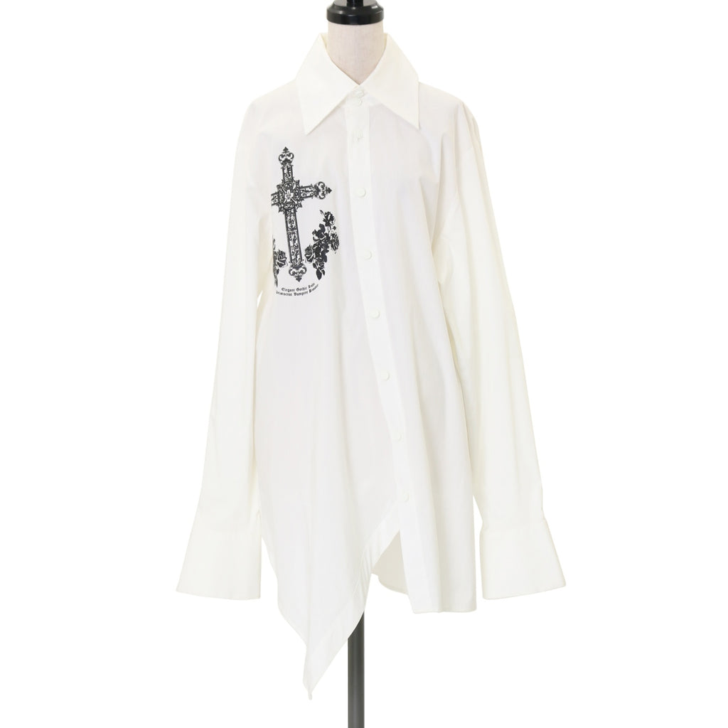 USED】【Men】クロスローズプリントアシメシャツ (白×黒 USED】【Men】クロスローズプリントアシメシャツ (白×黒