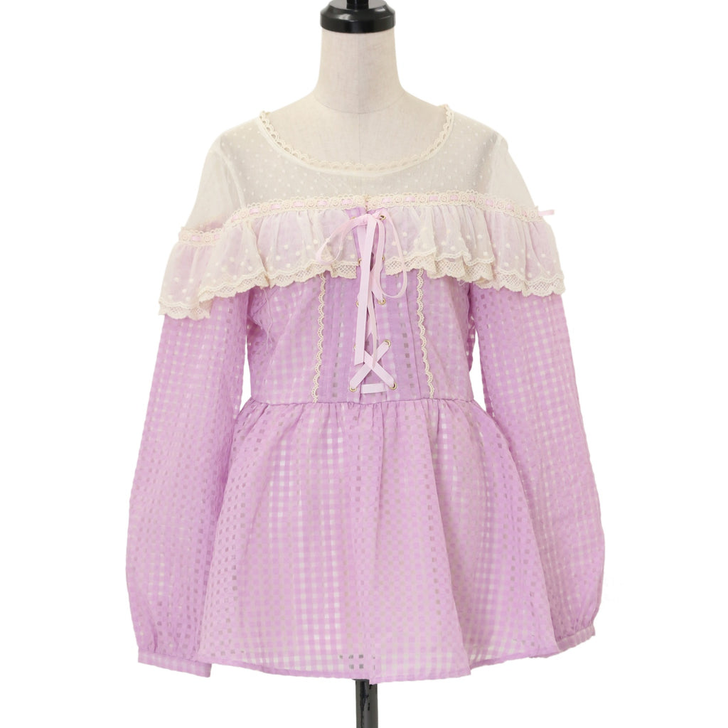 LIZLISA ギンガムチェック ブラウン　チュニック　レース USED】【サイズ0】レース切替ギンガムチェックチュニック | LIZ LISA
