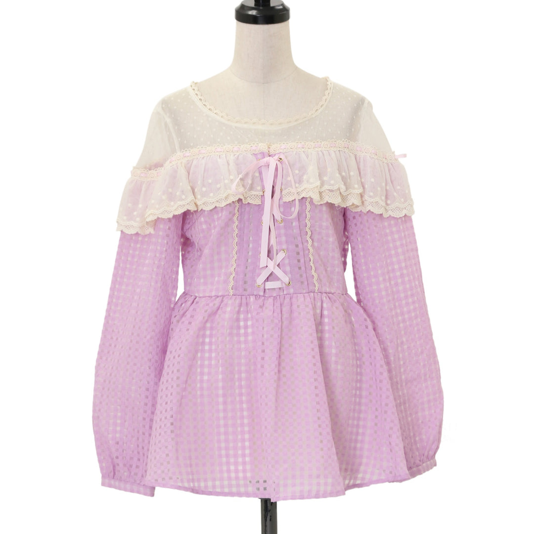 LIZLISA ギンガムチェック ブラウン　チュニック　レース USED】【サイズ0】レース切替ギンガムチェックチュニック | LIZ LISA