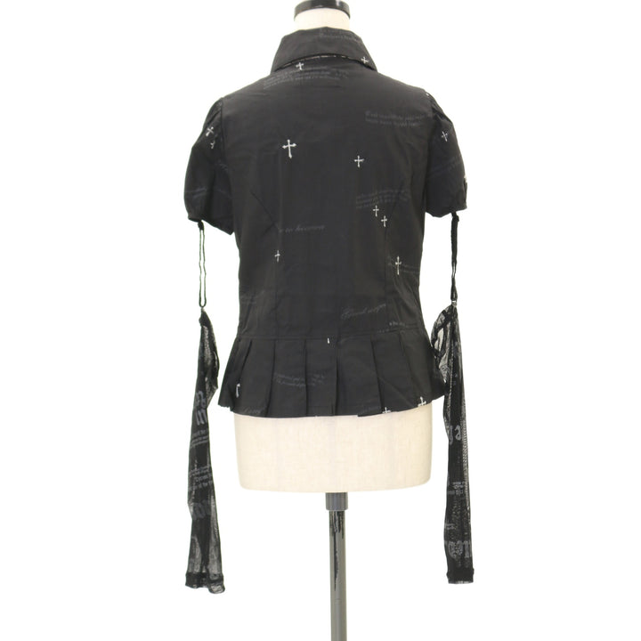 h.NAOTO blood フリルトップス 半袖 袖シースルー 黒 USED】Blood 袖セパレートネクタイブラウス | h.NAOTO