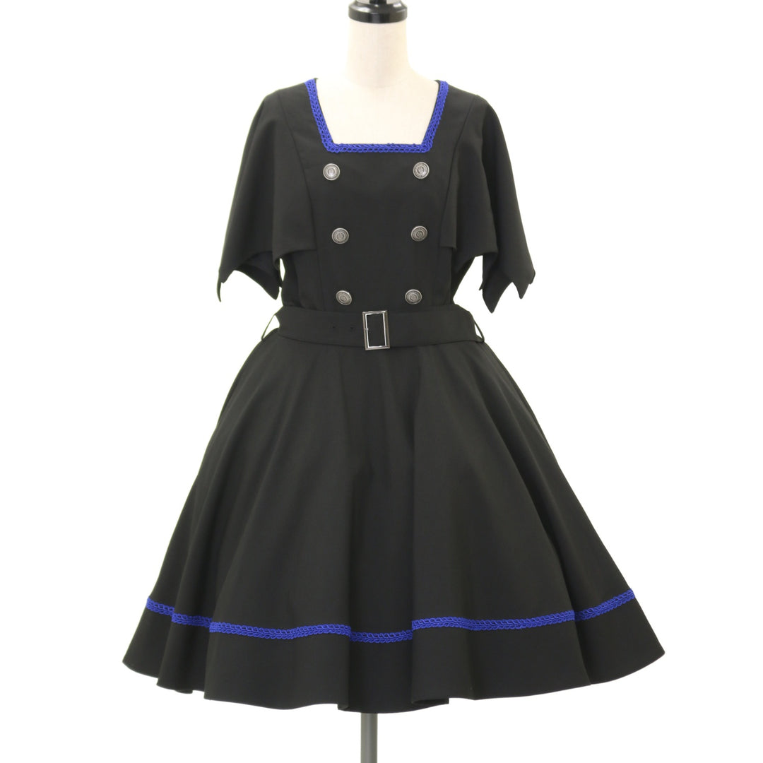 Moi-meme-Moitie蝙蝠ケープジャンパースカート　黒　青　9号 USED】【9号】蝙蝠ケープジャンパースカート（黒×青） | Moi-même