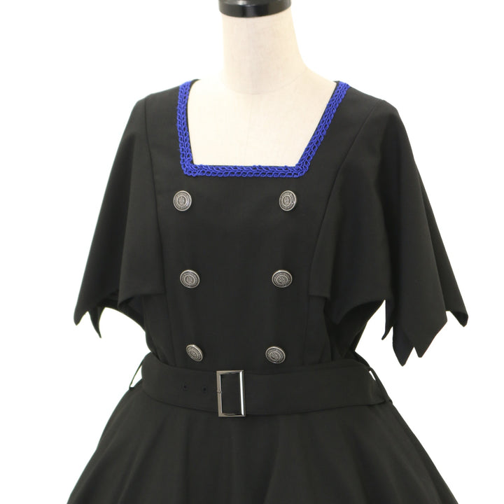 Moi-meme-Moitie蝙蝠ケープジャンパースカート　黒　青　9号 USED】【9号】蝙蝠ケープジャンパースカート（黒×青） | Moi-même