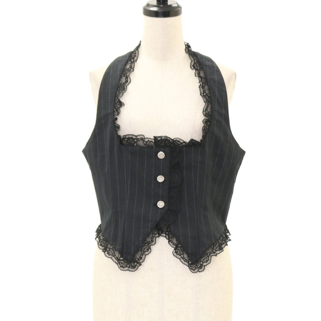 USED】胸元編み上げコルセット風ベスト：黒ストライプ×黒レース