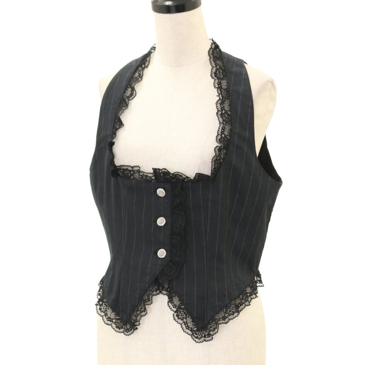 USED】胸元編み上げコルセット風ベスト：黒ストライプ×黒レース