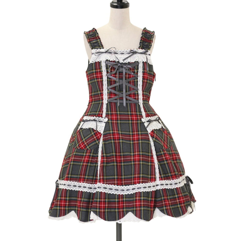 【未使用】BABY 裾スカラップタータンチェックジャンパースカート ベイビー 裾スカラップタータンチェックジャンパースカート＆リボンコーム