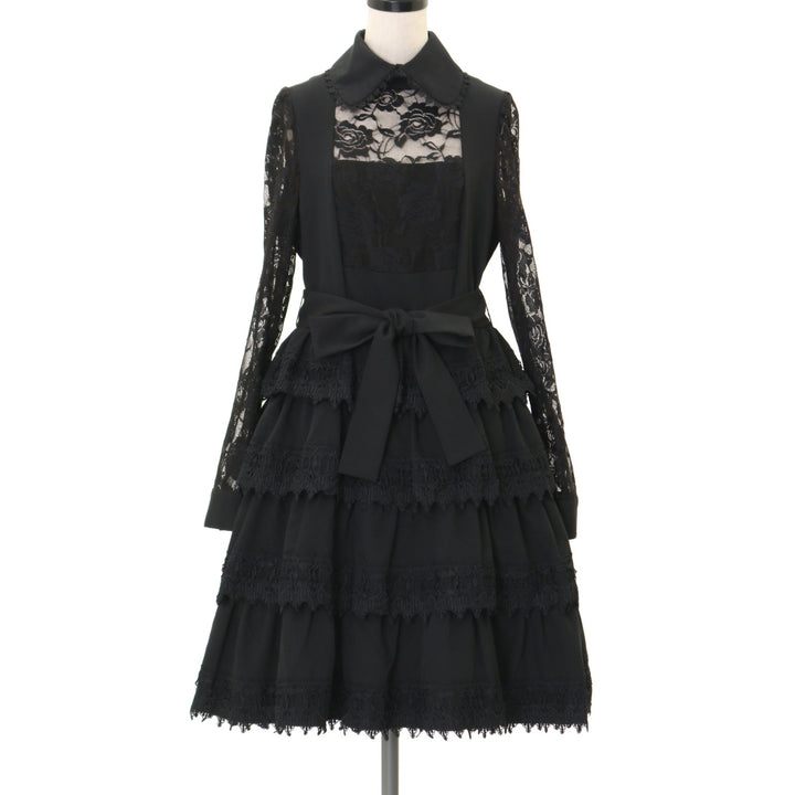 BLACK PEACE NOWフリル付き黒キャミソールワンピース USED】【Mサイズ】レース切替ティアードフリルワンピース