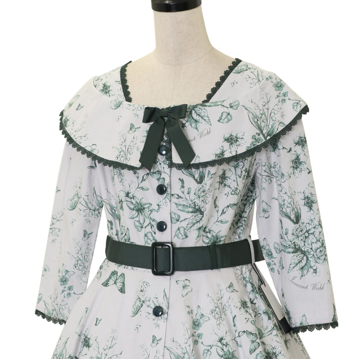 USED】【Mサイズ】木漏れ日の中の鈴蘭ワンピース（ダークグリーン