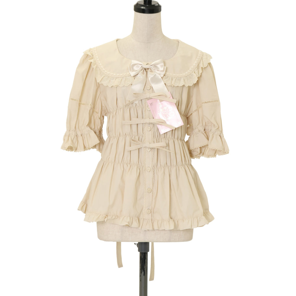 USED】【プラスサイズ】ハートレースシャーリング半袖ブラウス