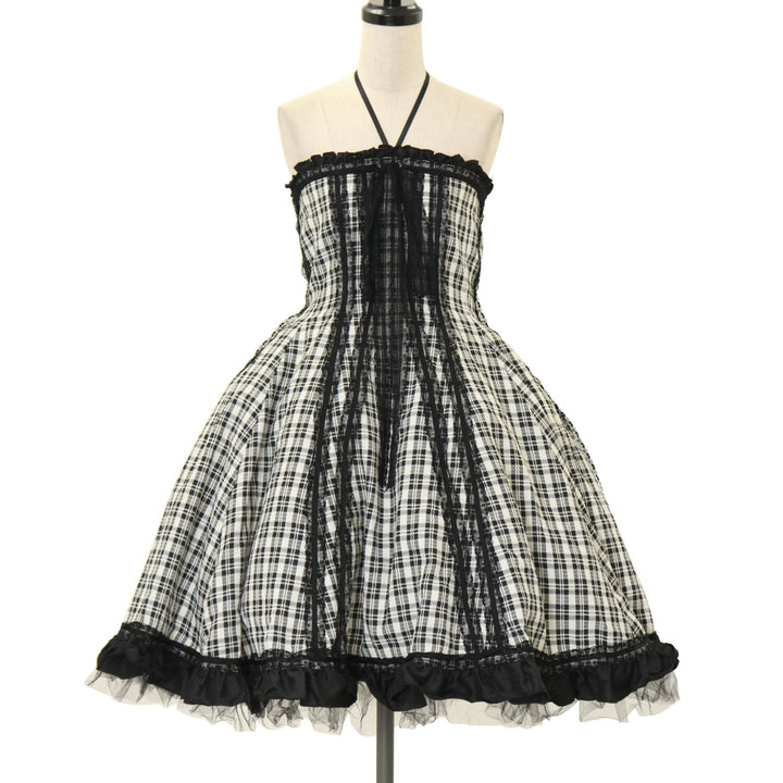 USED】コルセット型ロングフレアーワンピース：黒白チェック