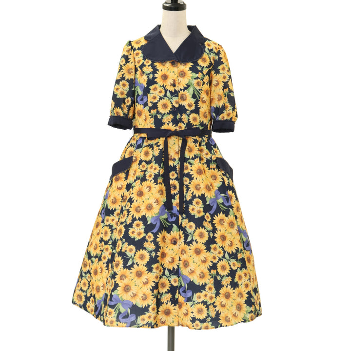 USED】【Mサイズ】ひまわりブーケのフロントボタンワンピース | Melody