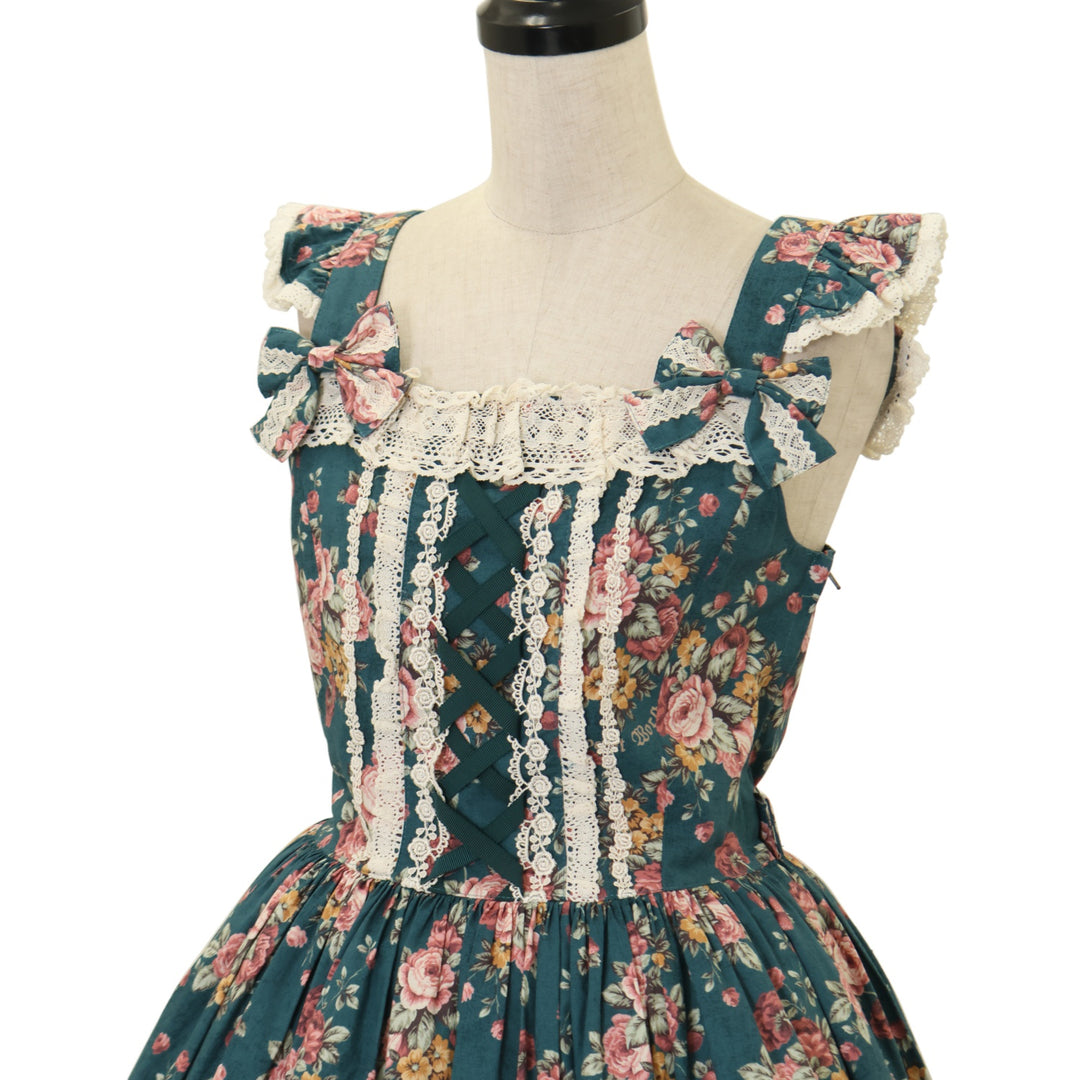 【極美品】エンジェルローズクロスリボンジャンパースカート USED】【Mサイズ】薔薇と苺のクロスリボンジャンパースカート