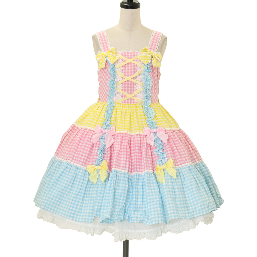 USED】ギンガム配色肩リボンジャンパースカート | Angelic Pretty