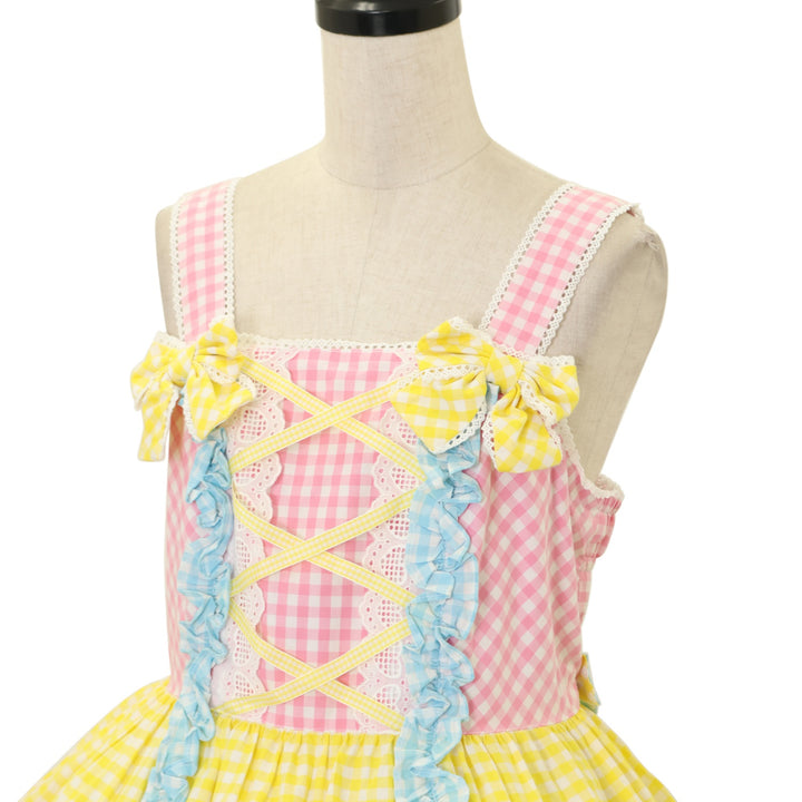 USED】ギンガム配色肩リボンジャンパースカート | Angelic Pretty